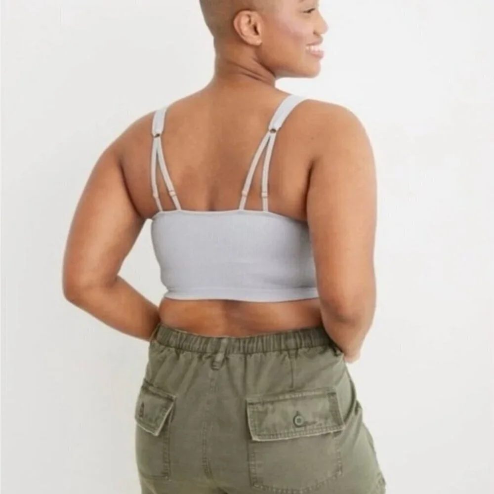 Aerie Ring Double Strap Seamless Ribbed Longline Bralette Blue Gray Small